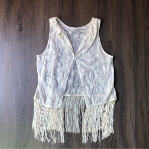 Fringe Vest Embroidered Women's S/M Ivory Sheer Hippie Boho Festival 70s
